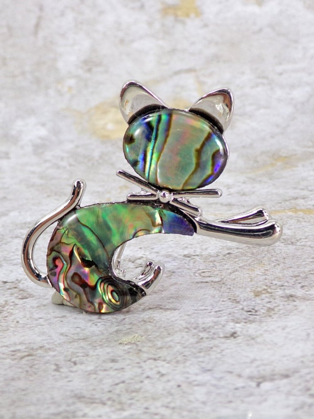Abalone Shell Cat Brooch Pin Silver Tone Cute Elegant Cat Jewelry Fashion New